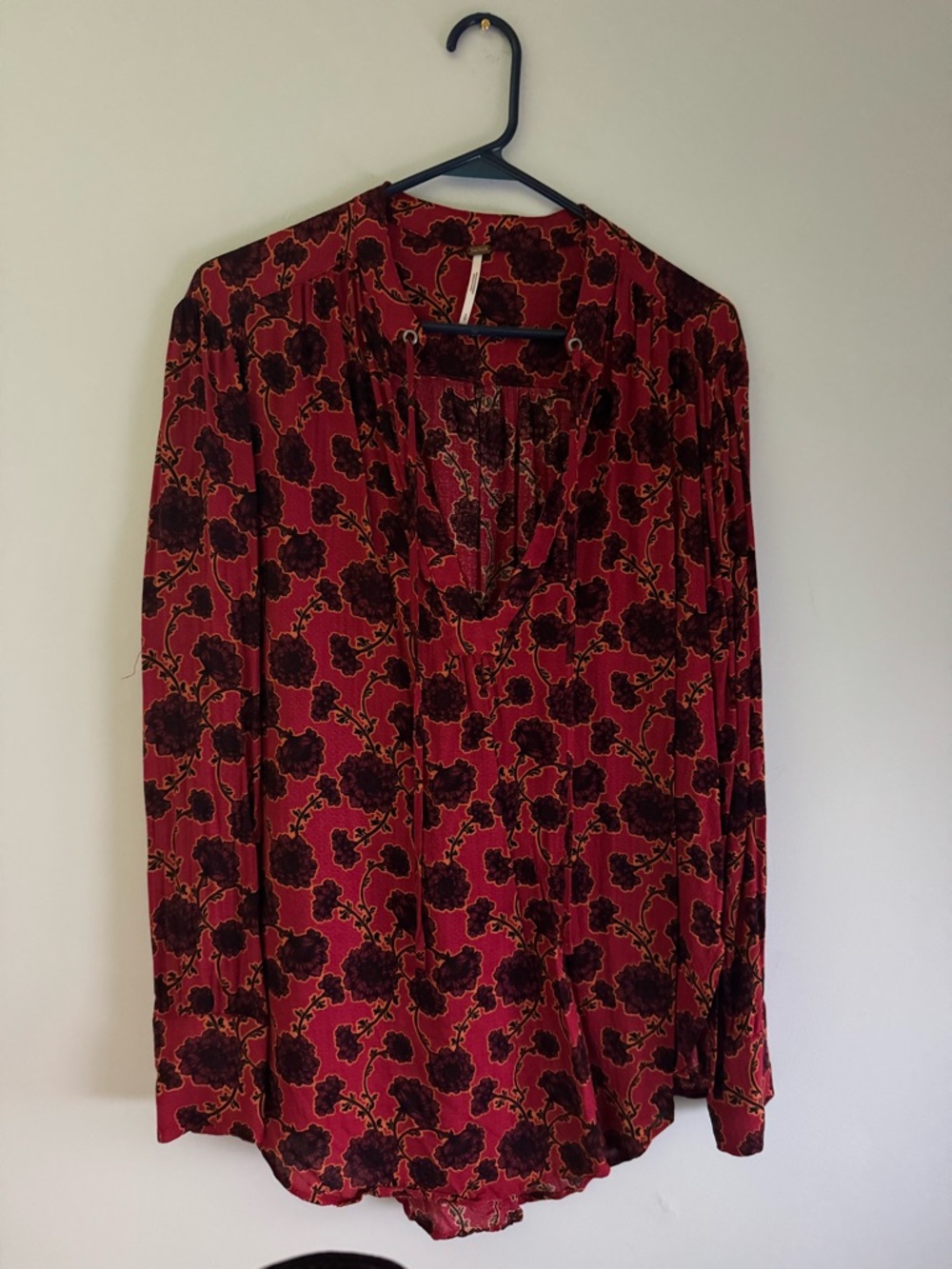 Free People Red Floral Split-Neck Blouse